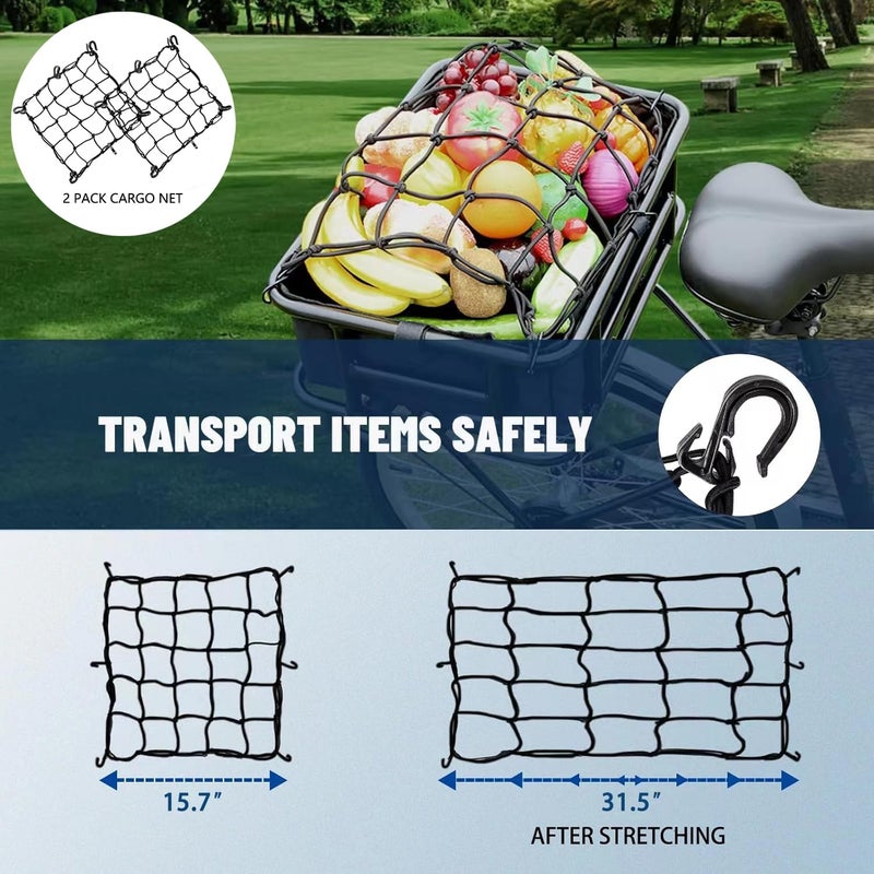 diatomiteco 2 Pack Bike Cargo Net for Bike Tote and Basket, Cargo Netting for Bike Storage, 15.7” x 15.7”, Expandable Bungee Net with 6 Hooks, Bicycle Accessories, Black Color - Image 4